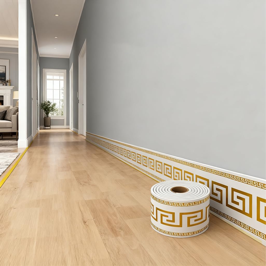 HASTHIP Skirting Line Stickers 16.4ft for Wall Corners with Waterproof PVC & Greek Key Pattern Trim