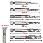 6 Pcs Spiral Tap Drill Bit Set, Titanium Coated HSS Fluted Machine Screw Tap Kit, 1/4" Hex Shank Countersunk Tap Drill Bit, Drill Taps Metric M3 M4 M5 M6 M8 M10 (Silver)