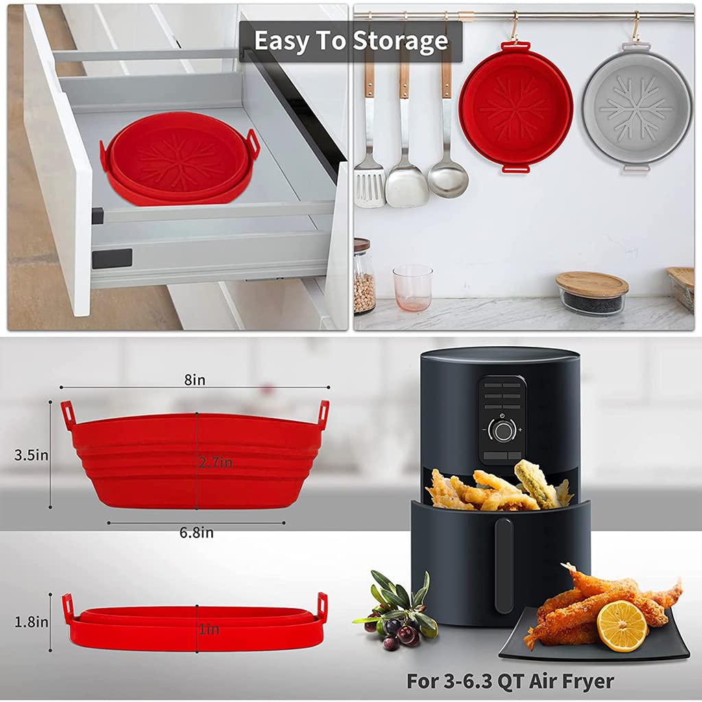 HASTHIP Air Fryer Liners for 4–7QT with Snowflake Grooves and Handy Handles | Red Silicone 8.2 in