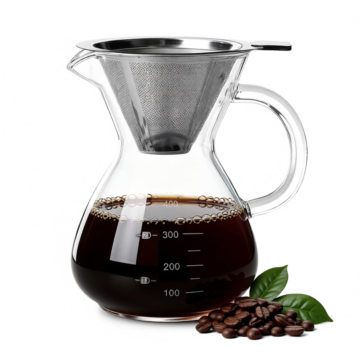 HASTHIP® Pour Over Coffee Maker 400ml, Glass Coffee Dripper with Handle, Reusable Food-Grade Stainless Steel Filter, Manual Brew Coffee Maker for Home, Office