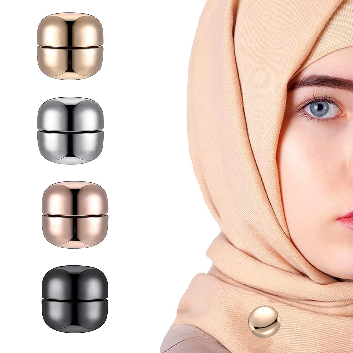 HASTHIP® Alfileres Magnéticos para Hiyab 4 Pares Alfileres Redondos Sin Agujas Broches Metálicos Fuertes Multiusos para Bufandas, Pañuelos, Ropa y Accesorios de Moda