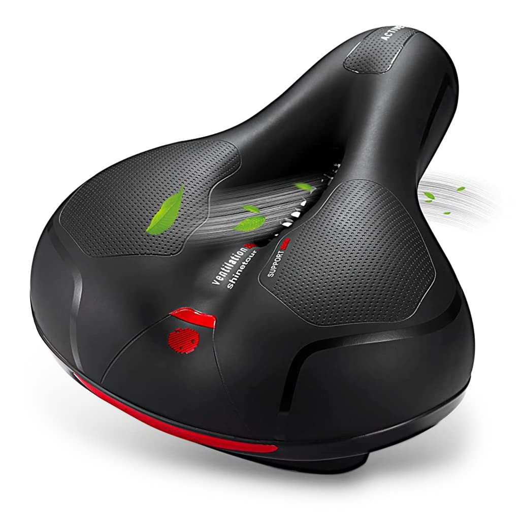 HASTHIP® Asiento de Bicicleta con Tira Reflectante Roja,Cojín Ergonómico de Espuma Viscoelástica Impermeable y Transpirable,Sillín Ancho Absorción Impactos para Bicicleta Montaña