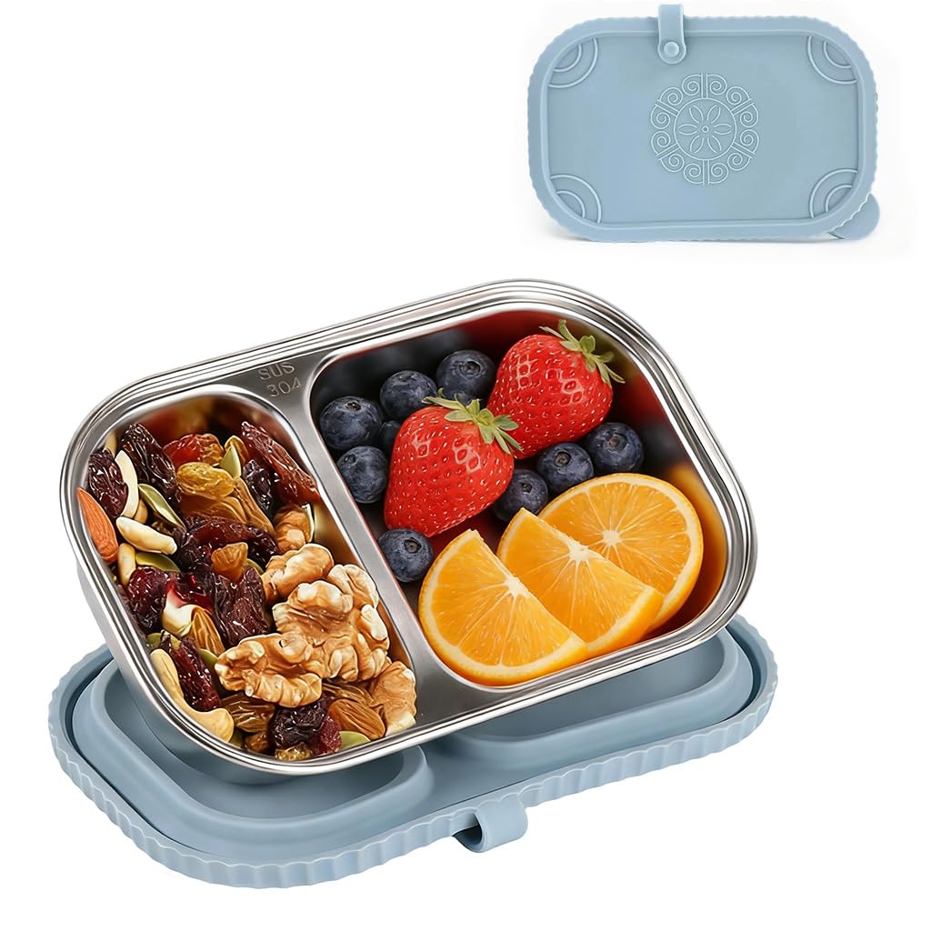 HASTHIP® 500ml Stainless Steel Food Plate with L, 2-Compartment Snack Container Lunch Box Bento Box Portable Food Container for School, Office, Picnic