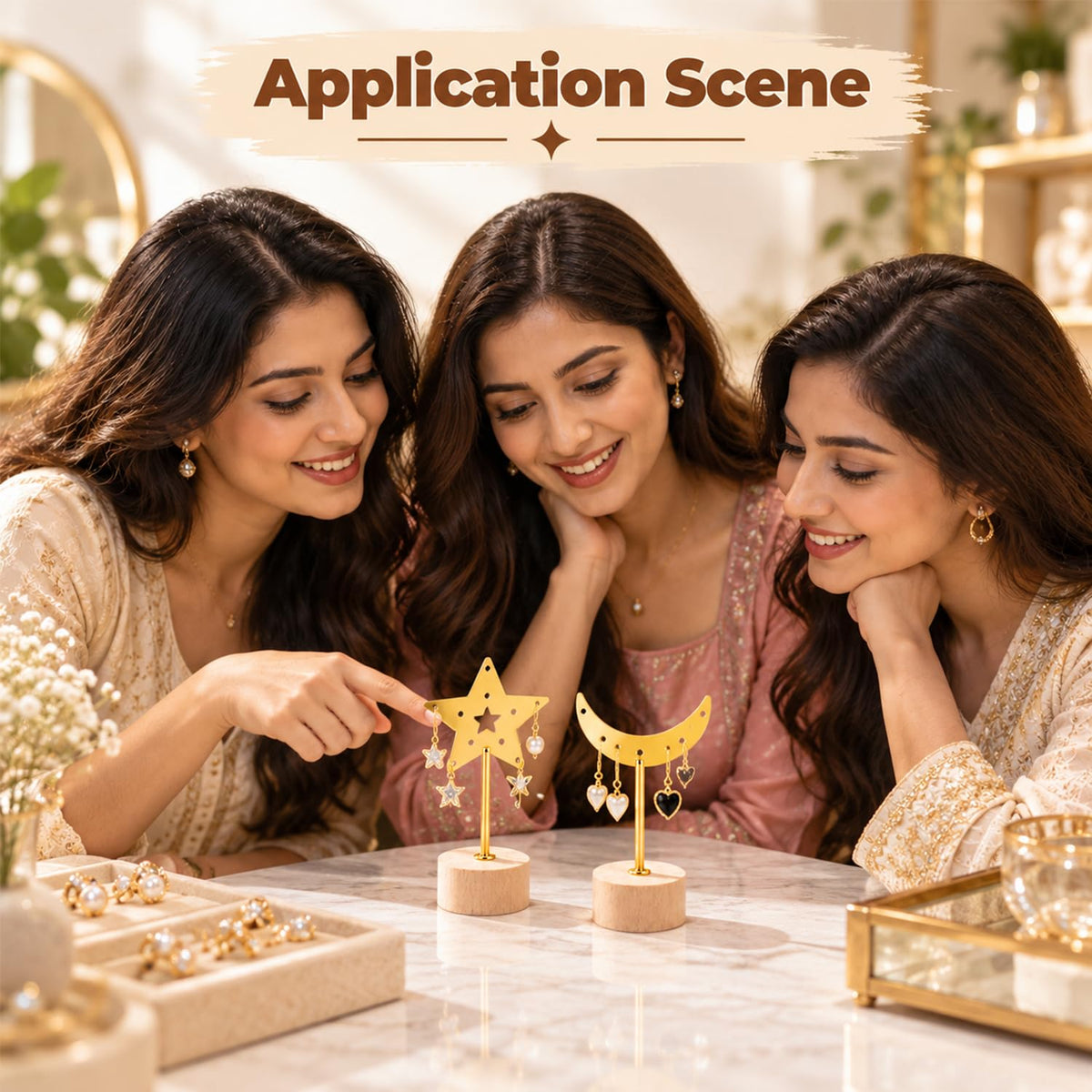 HASTHIP 3-Piece Star and Moon T-Bar Earring Display Stand Set with Wood Bases and Graduated Heights