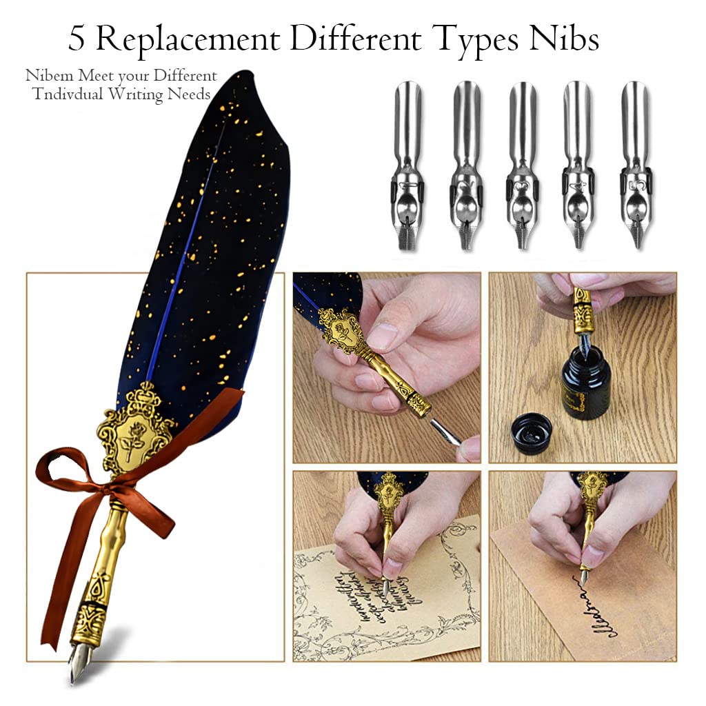 HASTHIP Quill Pen Ink Wax Seal Stamp Gift Set with 5 Nibs and 3 Wax Sticks | Feather & Brass Design