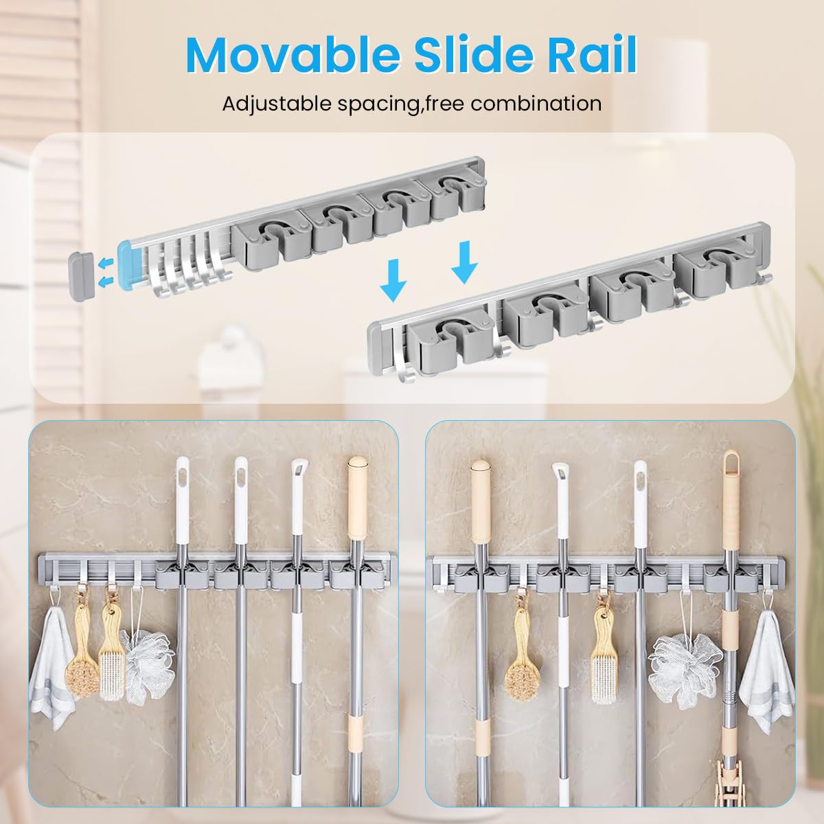 HASTHIP Wall Mount Broom Holder for Home Storage with 4 Slots & 5 Hooks | Space Aluminum Organizer