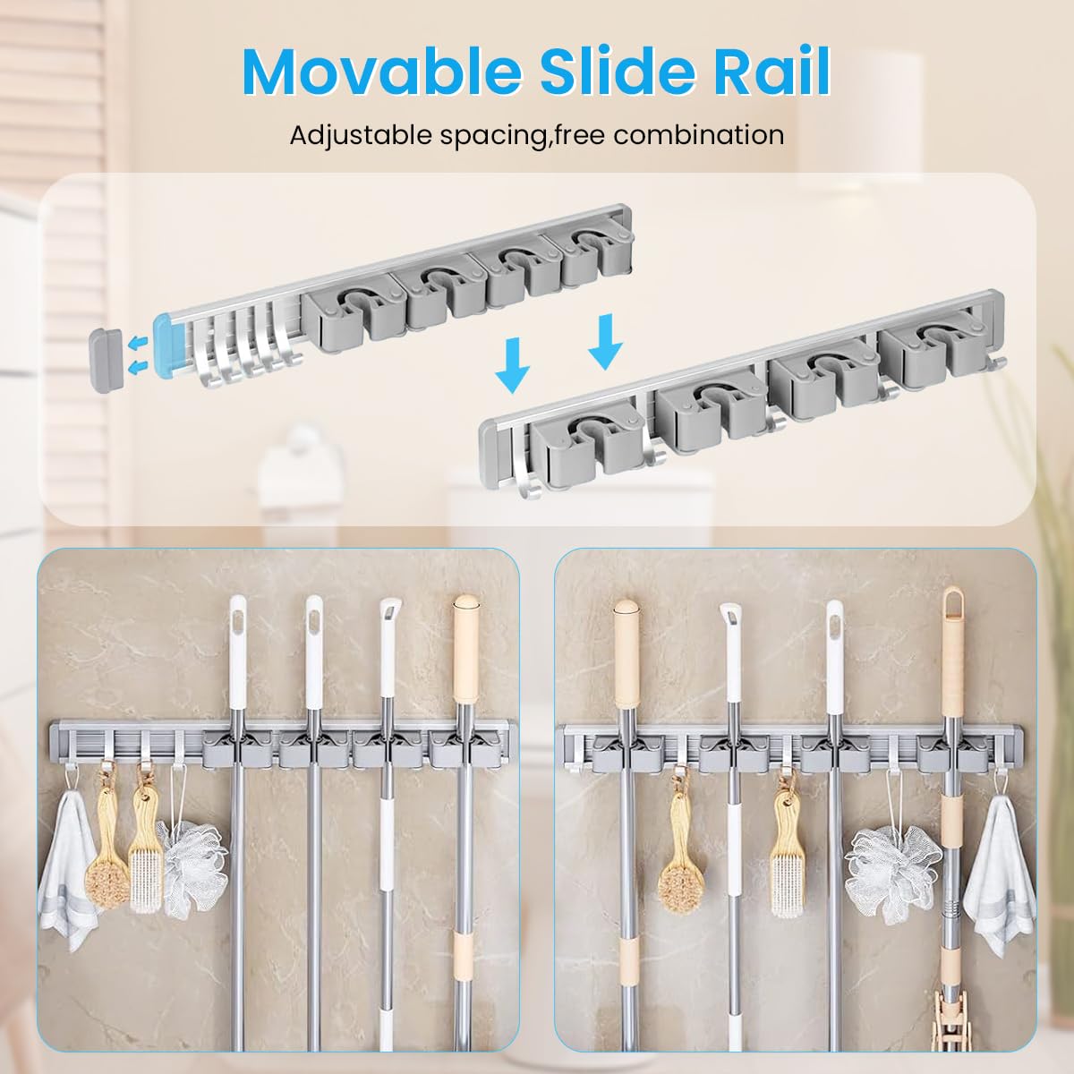 Wall Mounting Mop Broom Holder 4 Slots & 5 Hooks Space Aluminum Broom Organizer Nail-Free Installation Mop Holder for Home, Office, Storage Rooms, Bathroom, Cleaning Room