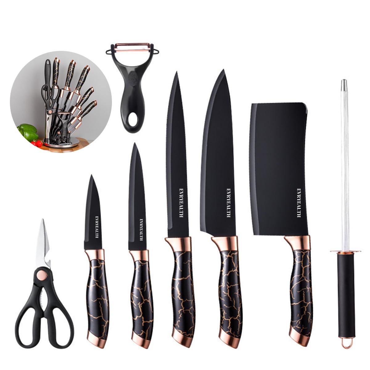 HASTHIP Kitchen Knife Set for Home Chefs with Ergonomic Handles and 9Pcs Stainless Steel Blades