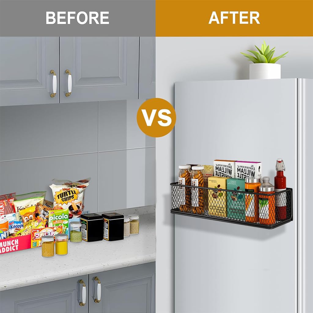 HASTHIP Kitchen Organizer Basket for Refrigerator and Whiteboard with Magnetic Metal Mesh 35x10.5x8.5 cm | Multi‑Purpose Home Storage Holder