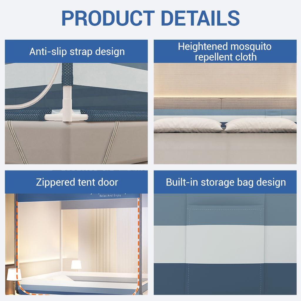 HASTHIP® Double Bed Mosquito Tent with Frame, Built in Phone Pocket & Charging Cable Open, Roofed Full Coverage Fine Mesh Mosquito Tent with Dual Side Zip-up Doors, 1.8m x 2m x 1.7m