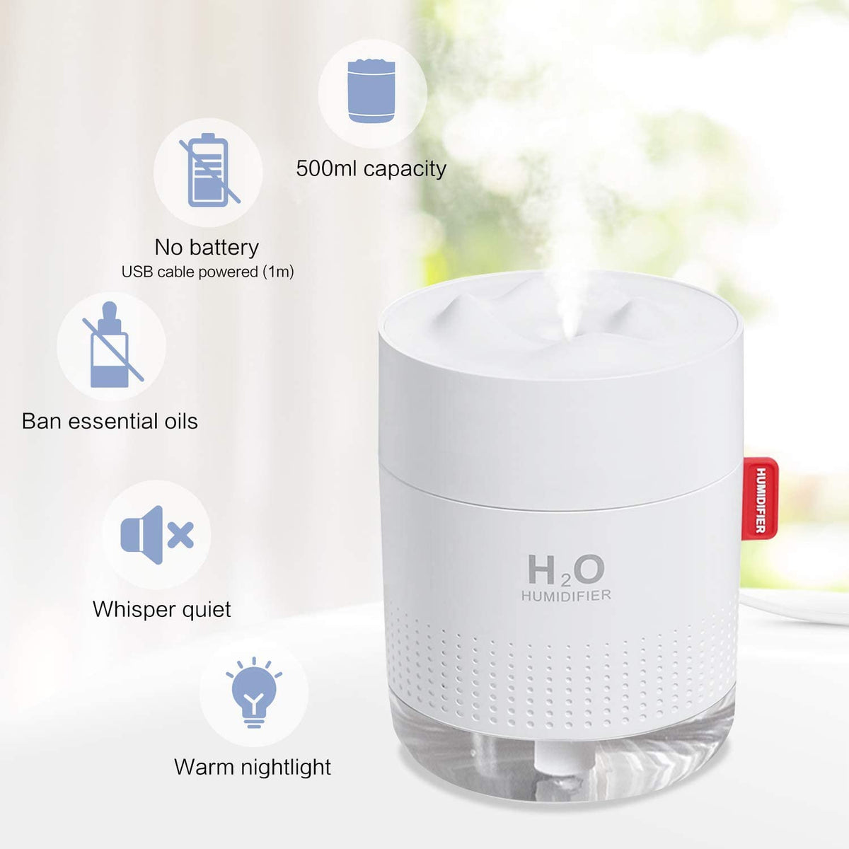 500ml Mini Silent Humidifier Household Car Humidifier Desktop Humidifier with Atmosphere Light Car Office Kids Room Bedroom Auto Shut-Off, 2 Spray Modes,LED (white)