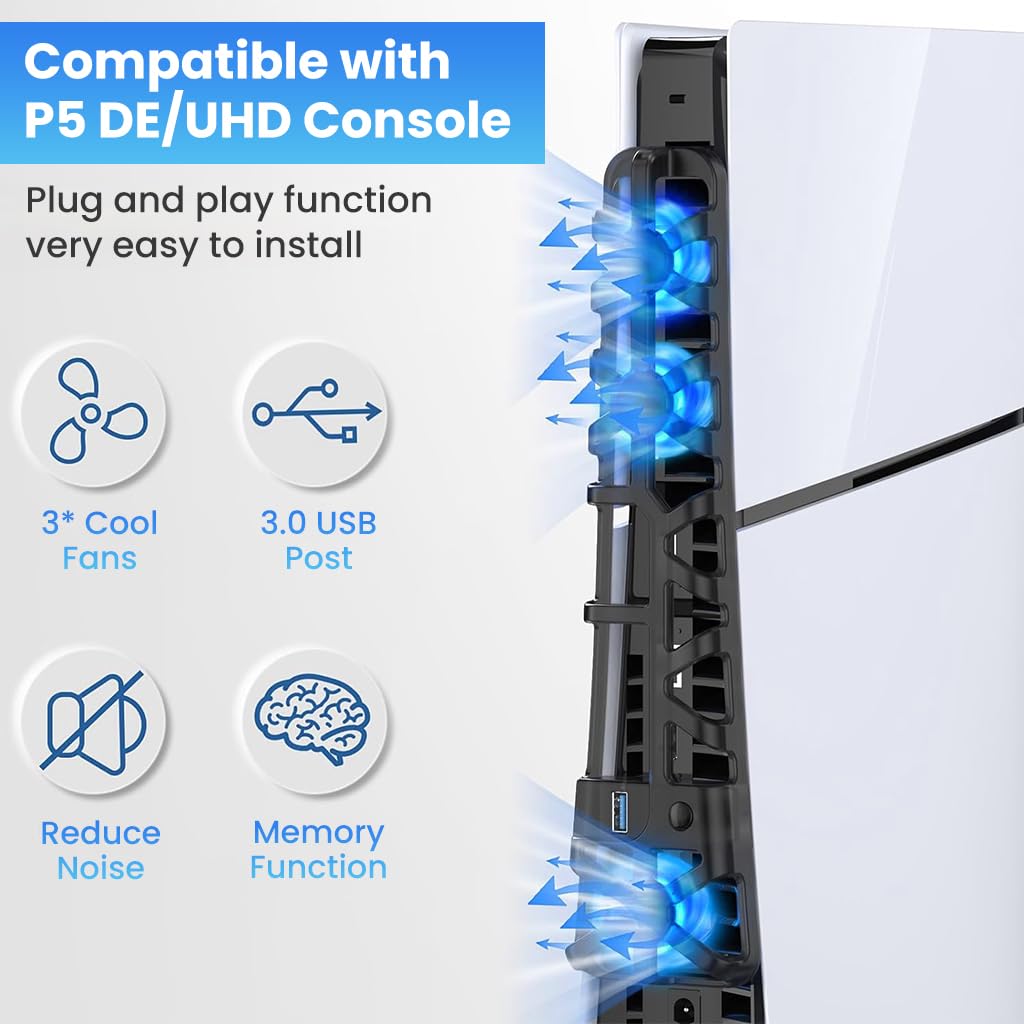 HASTHIP® Ventilador LED para PS5 Slim,Enfriador Silencioso con Memoria,Accesorio con 3 Ventiladores y Puerto USB 3.0 Compatible Consola Digital y de Disco Sistema de Refrigeración