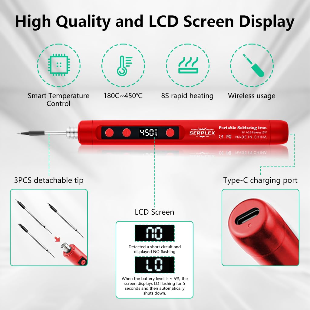 HASTHIP® 15W LCD Cordless Soldering Iron Kit 1100mAh Rechargeable, 180-450°C Adjustable Temperature, with 2 Replacement Tips, for Electronics Repair, DIY Crafts, Welding Tool Set-Red