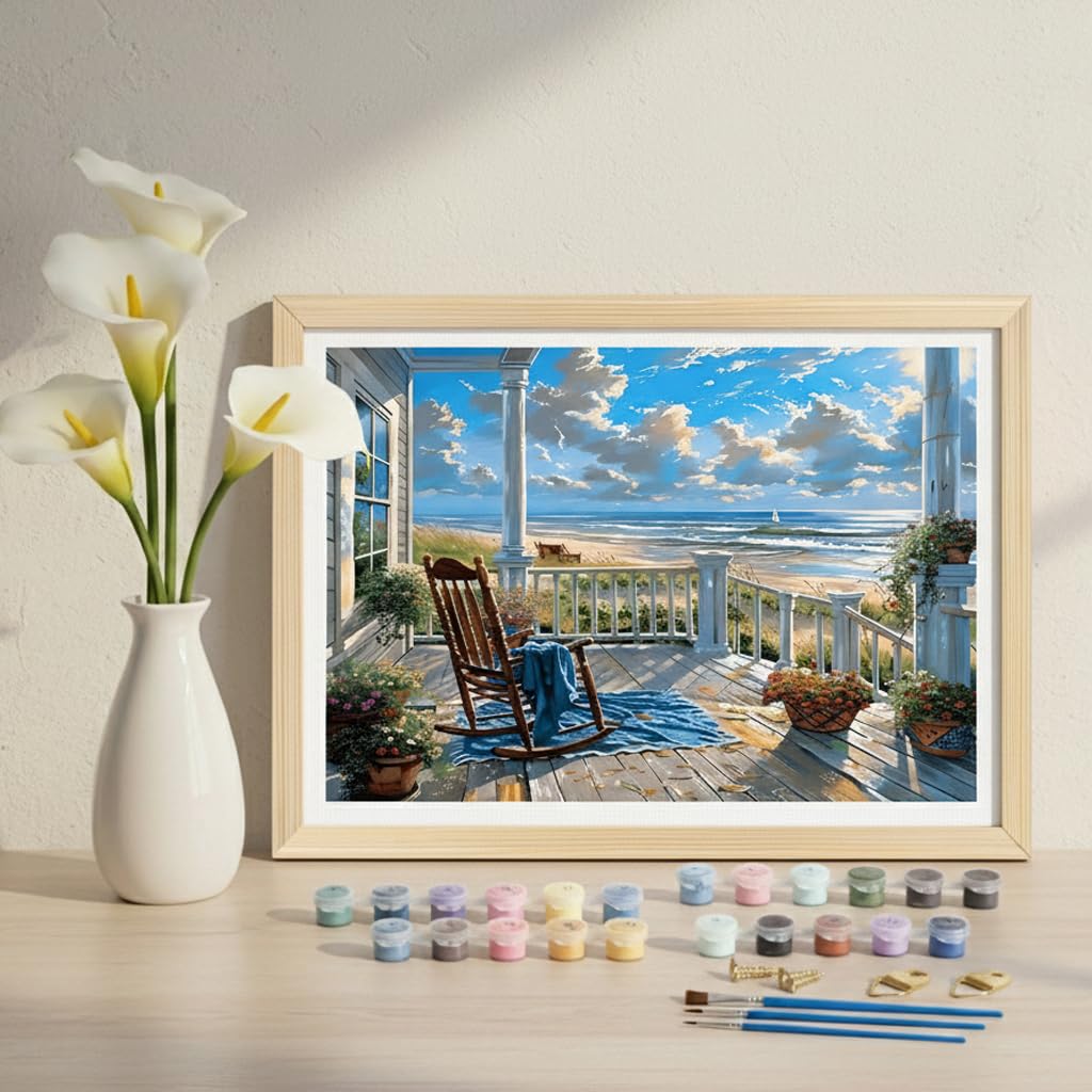 HASTHIP® DIY Paint by Number Kit for Adults, Coastal Porch Ocean View Landscape Painting Art Work with Frame, DIY Acrylic Paint by Numbers Canvas Wall Art Home Decor Gift, 40x50cm