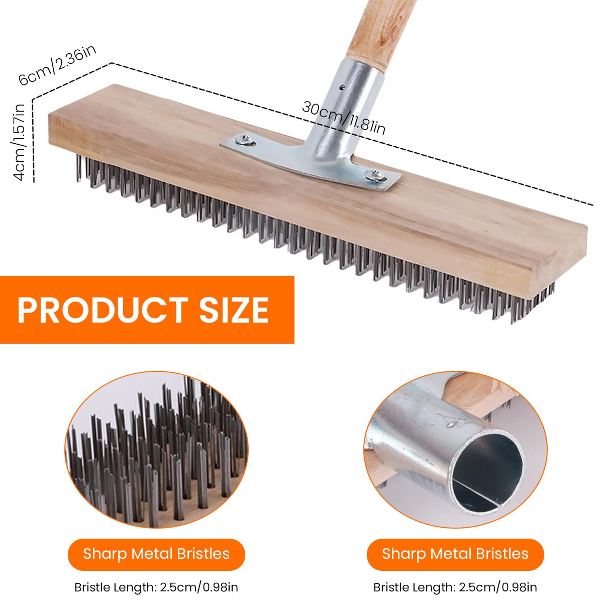 HASTHIP 11.8in Stainless Steel Bristle Scrub Brush Head for Heavy-Duty Cleaning
