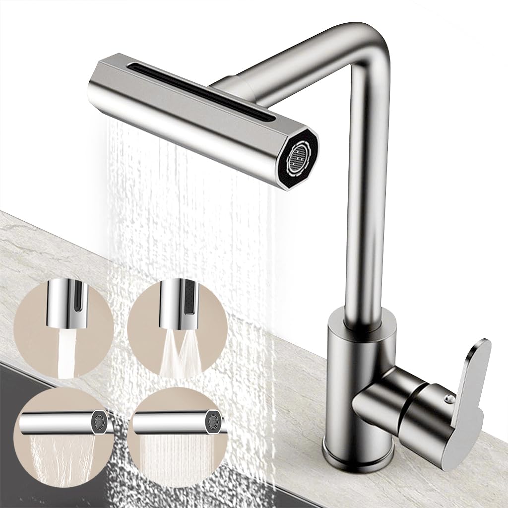 HASTHIP® Kitchen Faucet 4 in 1 Water Saving Faucet Modern Stainless Steel Sink Faucet with 4 Modes Waterfall Watering Faucet Jetting Faucet 360° Rotatable Mix Water Sink Faucet with 60cm Water Pipe