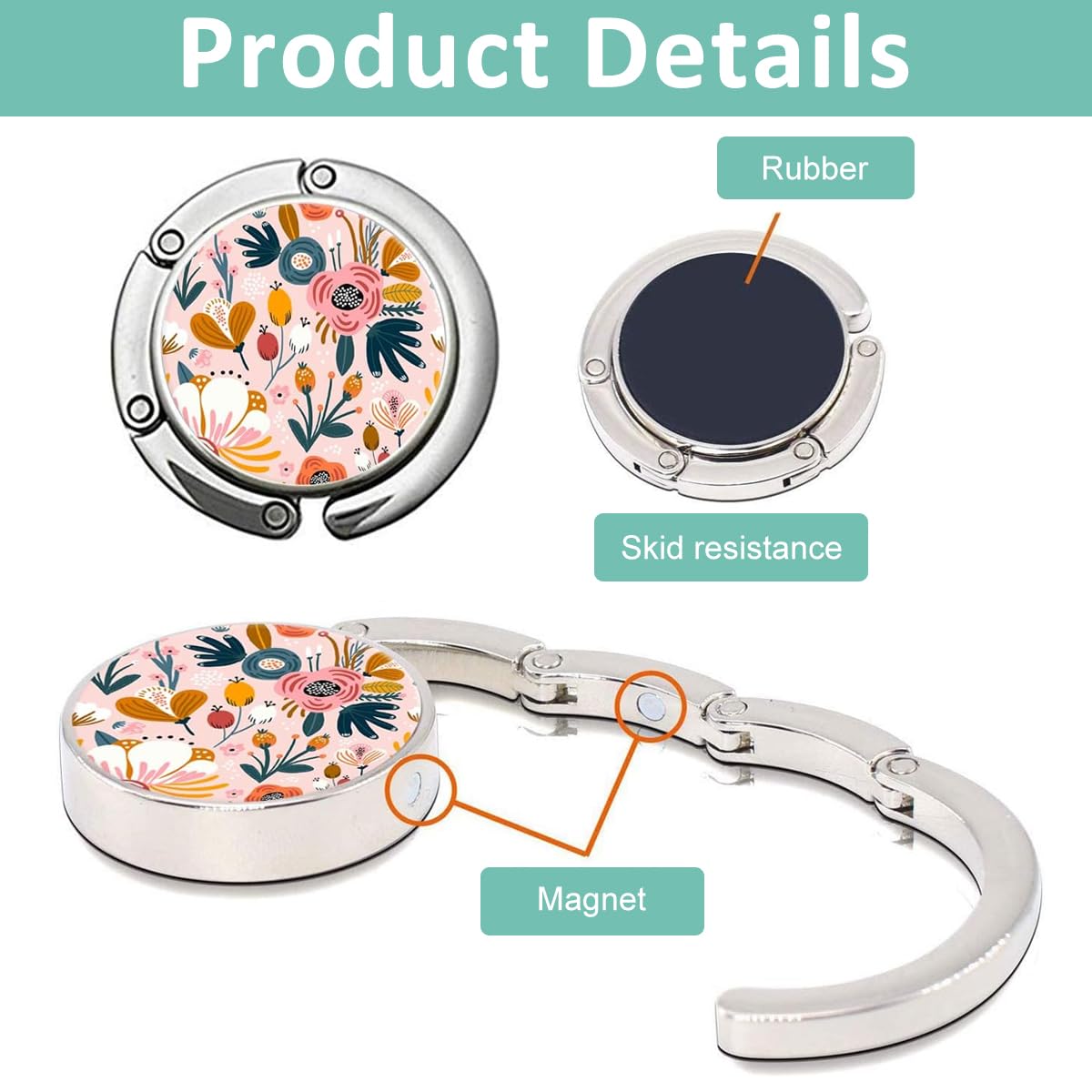 HASTHIP® 3Pcs Desk Bag Hanger Pretty Floral Design Metal Bag Hanger Portable Folding Bag Ring Hanger for Table, Office Desk Aluminum Alloy Removable Hooks for Bags, Handbag, Backpack