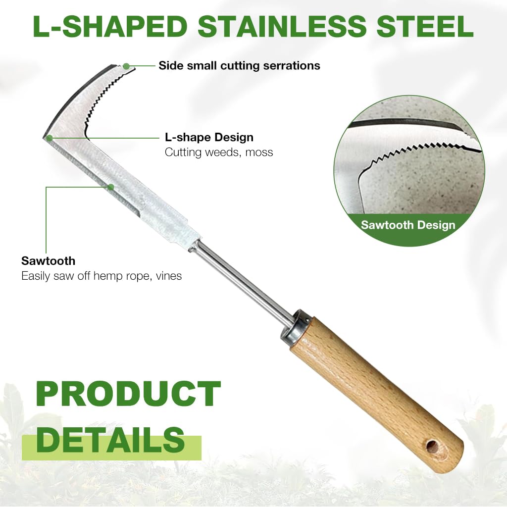 Gardening Hand Weeder 11.8'' Stainless Steel Weeder Utility Pointy Crack Weeder Tool Wooden Handle Sickle-shaped Serrated Blade Weeder Tool Gardening Tool Cracker Cleaning Tool