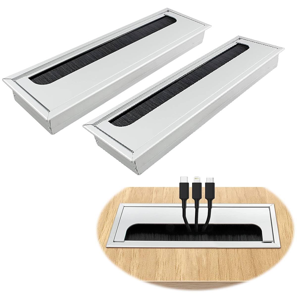 HASTHIP Rectangular Wire Cable Hole Cover for Office Desks with Flip Lid and Dust Brush 280mm x 80mm Silver