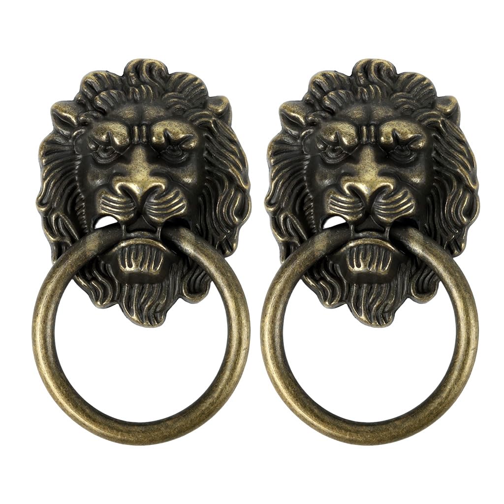 HASTHIP® 2 Pack Lion Head Drawer Pull Handles, Antique Bronze Metal Knobs with Rings for Dresser, Cabinet, Jewelry Box, Furniture Hardware 2 x 3.55 Inch