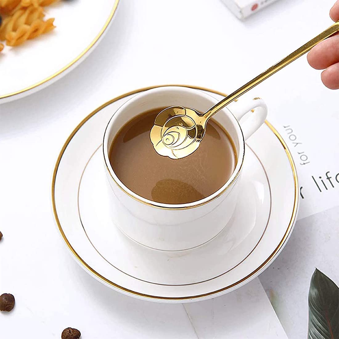 HASTHIP Stainless Steel Coffee Spoon for Desserts and Beverages with 18cm Long Handle | Gold Flower Design Pack of 2
