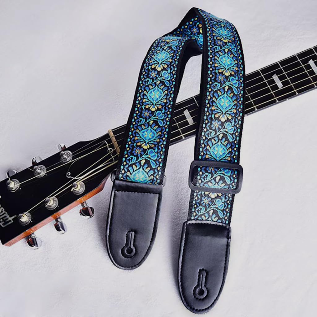 HASTHIP Guitar Strap for Acoustic and Electric Guitar featuring 34–41 in Adjustable Length | Blue Double-Sided Vintage Embroidered Cotton Design