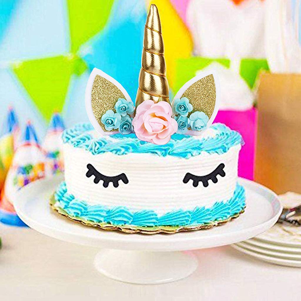 Handmade Gold Reusable Unicorn Horn Ears Eyelash Set Birthday Cake Topper for Decoration (5.8 Inch)