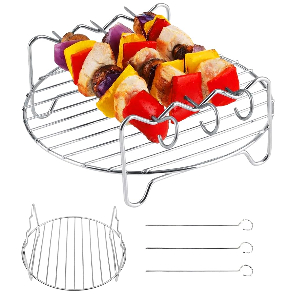 HASTHIP® Rejilla para Freidora de Aire 7 Pulgadas Redonda con 3 Brochetas de Acero Inoxidable, Resistente al Calor, Accesorios para Freidora y Horno