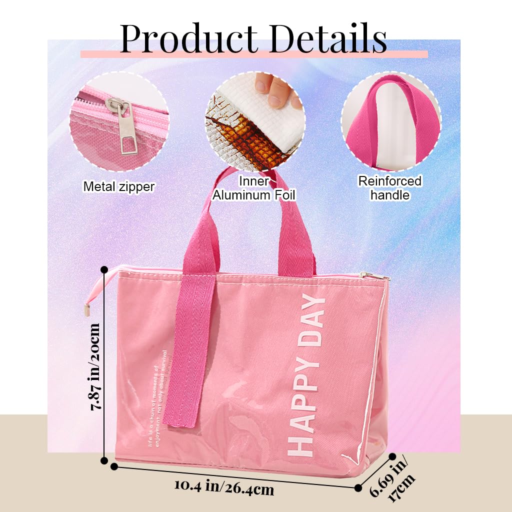 HASTHIP® Pink Thermal Lunch Bag Large Thermal Lunch Box Zipper Hand Bag Waterproof Insulated Liner Fashion Lunch Bag Insulated Lunch Bag Bento Box Bag for School, Office, 26.5x17.20cm