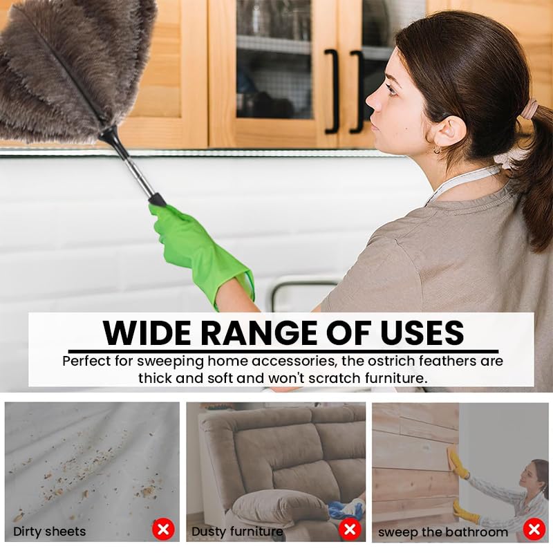 HASTHIP Ostrich Feather Duster for Ceiling Fans and Furniture 1.5m Extendable Handle with Stainless Steel Telescopic Design