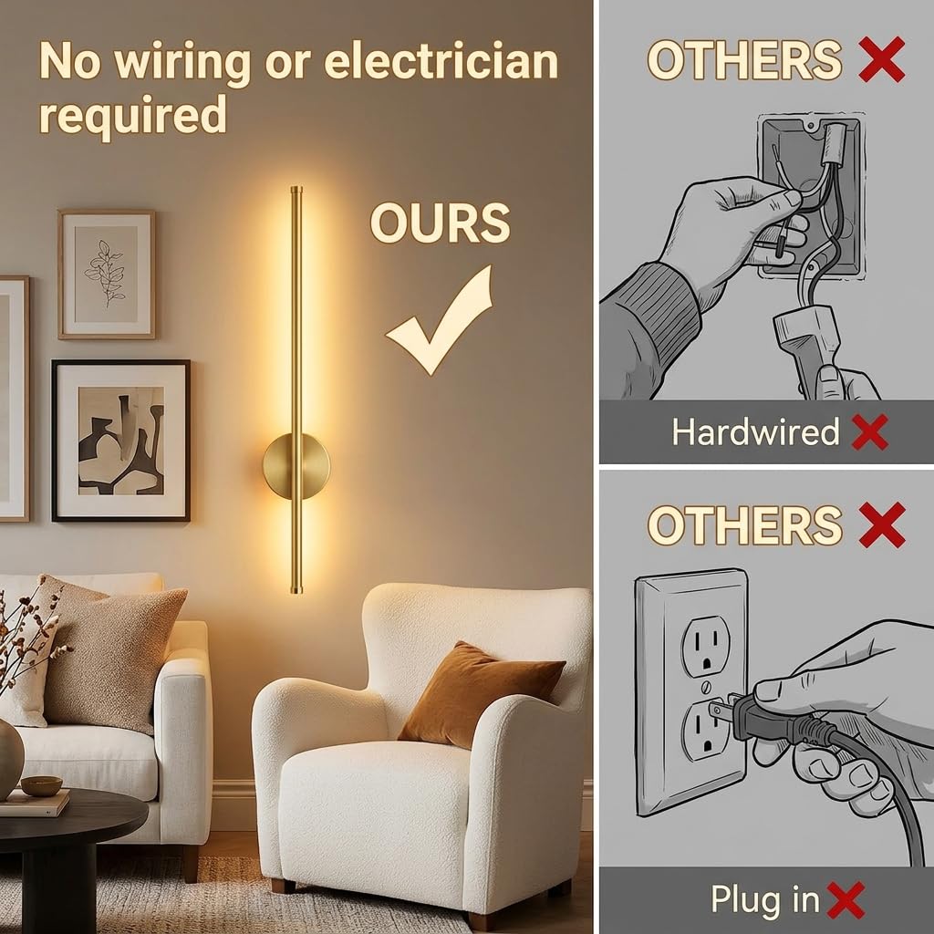 HASTHIP® Modern Wireless Wall Sconces with Rechargeable Battery, Dimmable LED Light with Remote Control, 3 Color Temperatures, 350° Rotation, 6000mAh Long Battery Life, Gold 23.6in for