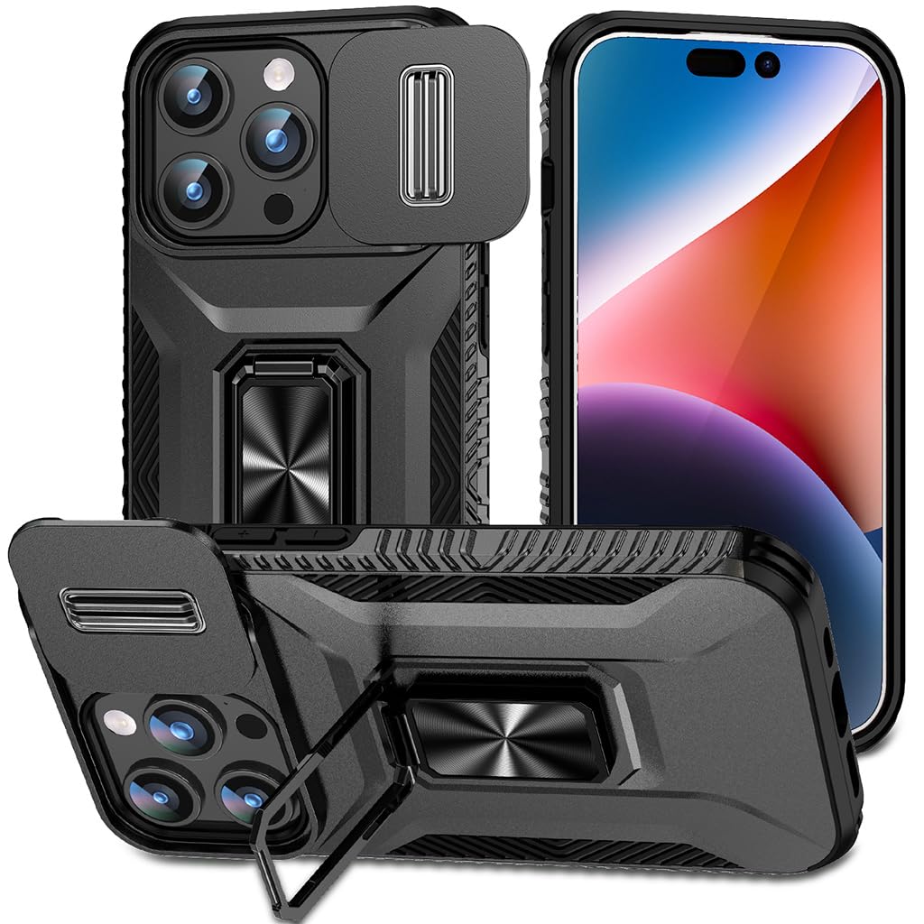 HASTHIP® Folding Phone Ring Grip & Sliding Camera Cover for iPhone 15, 6.1 Inch - Slim, Durable, Anti-Scratch, Shockproof Case with Kickstand - Multifunctional and Fashionable Design, Black