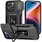 HASTHIP® Folding Phone Ring Grip & Sliding Camera Cover for iPhone 15, 6.1 Inch - Slim, Durable, Anti-Scratch, Shockproof Case with Kickstand - Multifunctional and Fashionable Design, Black