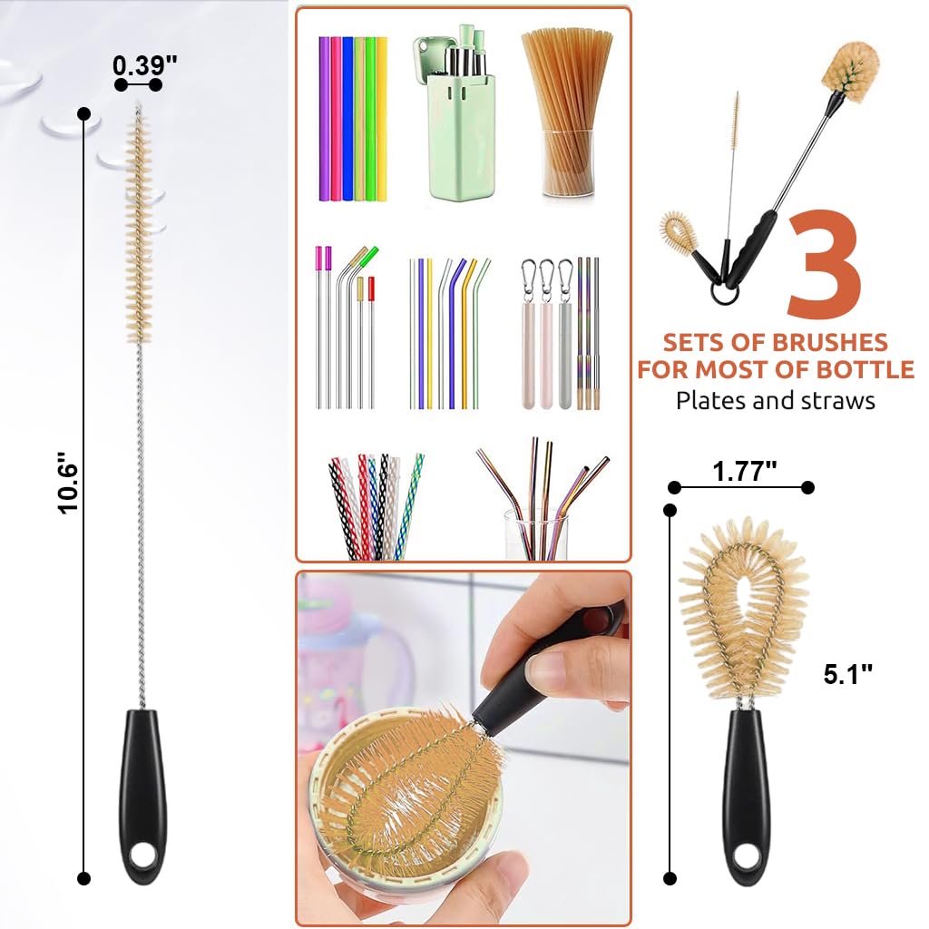 HASTHIP Bottle Brush Set for Water and Baby Bottles with 3 Pcs Ergonomic Handles | Straw Cleaner