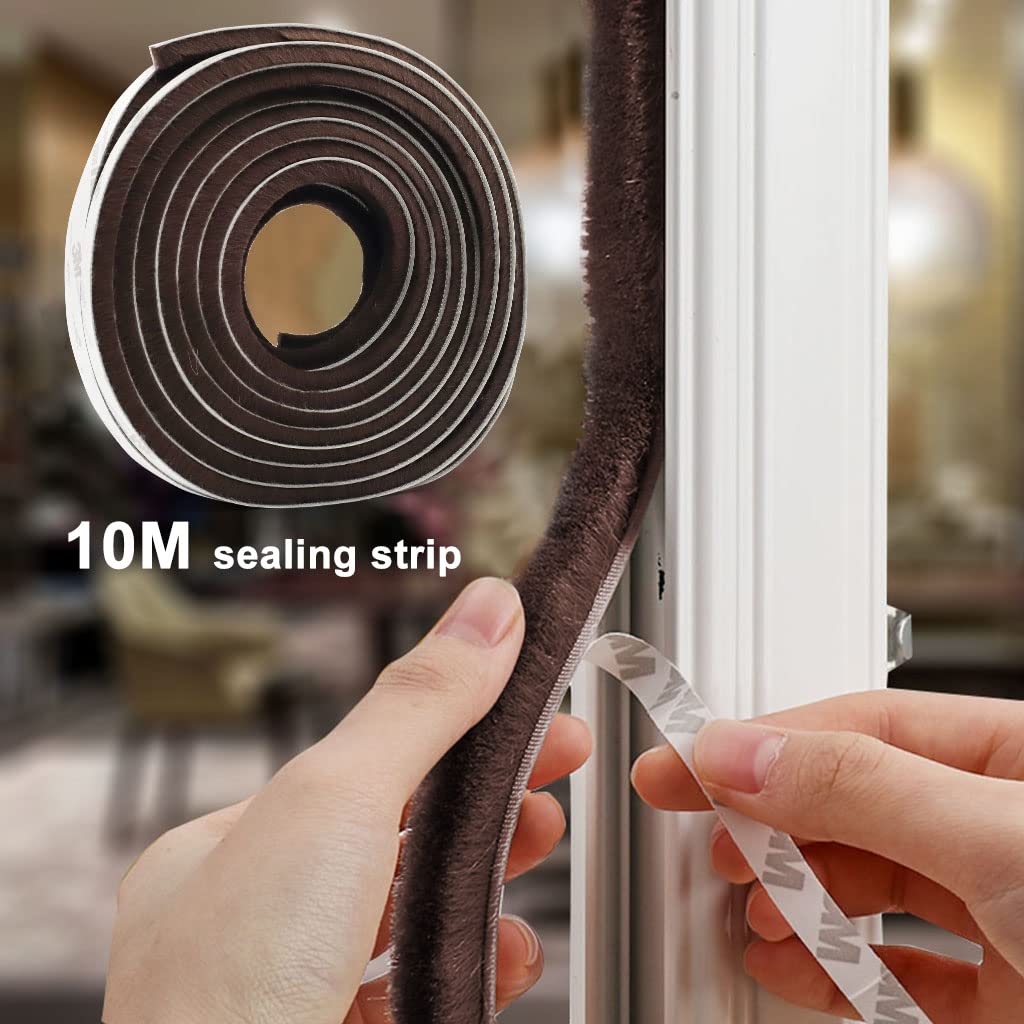 10 Meters Soundproof Window Sealing Strips, Windproof Dustproof Door Window Frame Seal Self Adhesive Brush Strip, Sliding Window Seal, Window Door Seal, Sliding Door Seal Strip (Brown)