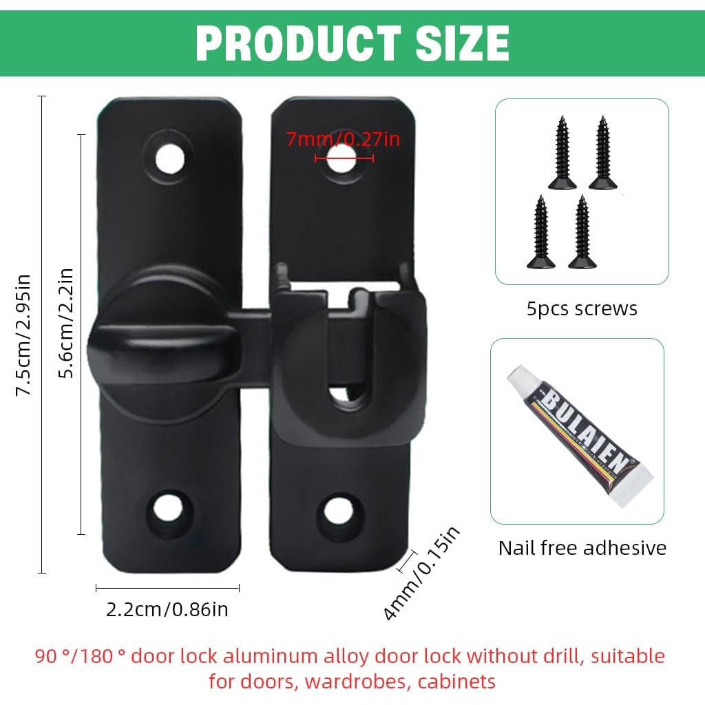 HASTHIP Door Latch for Gates Doors and Cabinets featuring 90°/180° Lock Mechanism | Zinc Alloy Black