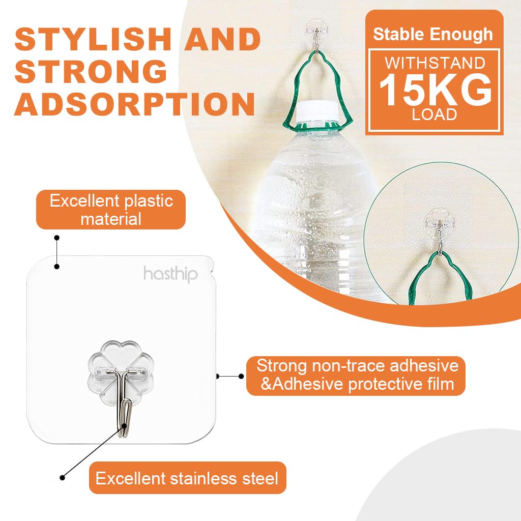 HASTHIP Wall Hooks for Bathroom and Kitchen Organization with Strong Acrylic Glue 10Pcs Transparent | Waterproof and Self Adhesive Design