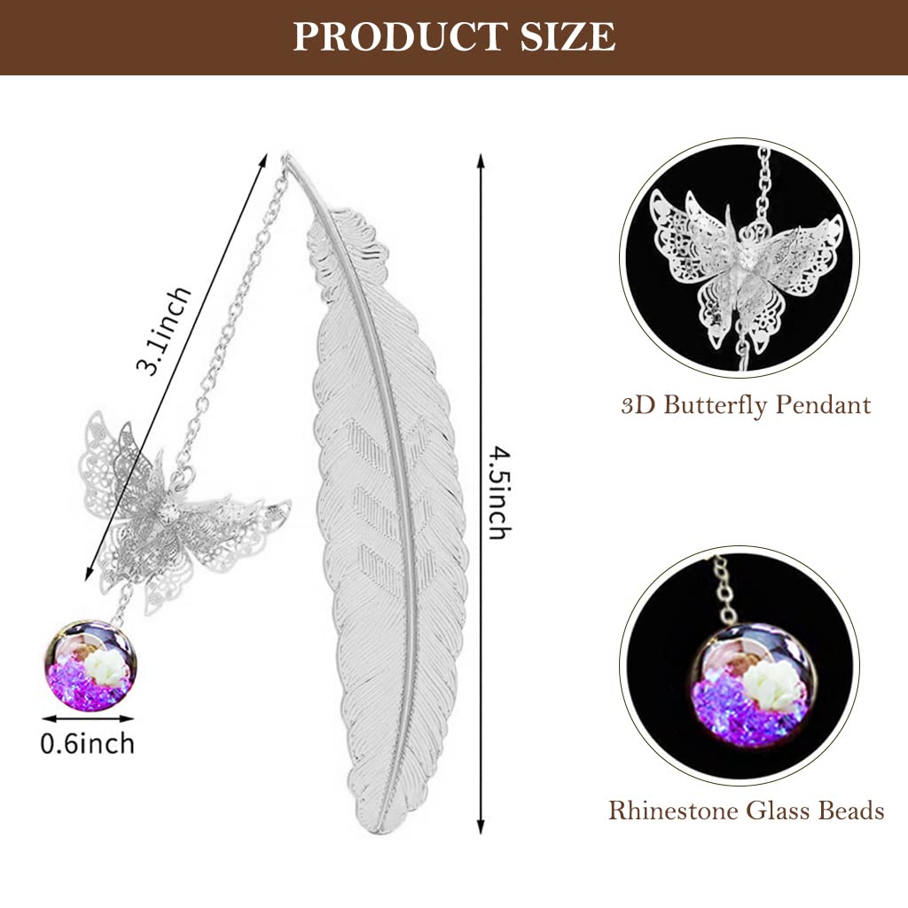 HASTHIP Metal Feather Bookmark for Reading and Gifting with 3D Butterfly & Glass Bead | 2 PCS Copper Set