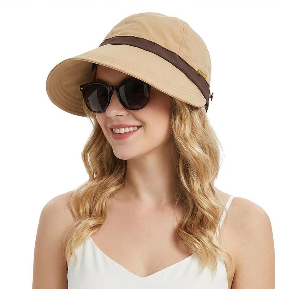 HASTHIP® SANNIDHI Women Sun Cap Fashion Pure Color Wide Brim Hat, Ventilated Crown Outdoor Sun Cap Lightweight Packable UV Protection Cap for Travel, Daily, Hiking, Golfing-Khaki