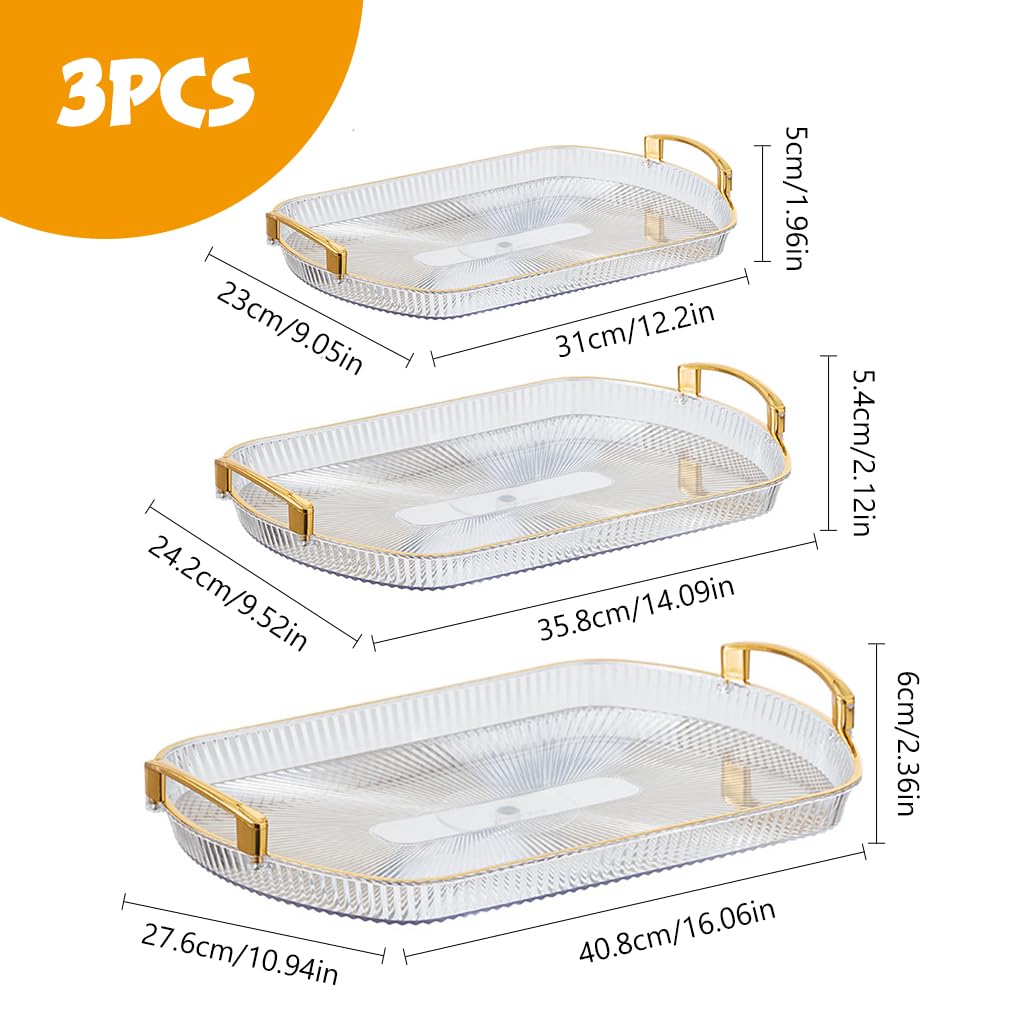 HASTHIP Silicone Round Serving Tray Set of 3 with Golden Handles for Snacks and Fruits | Transparent Resin Design for Elegant Dining