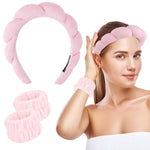 HASTHIP® Diadema SPA y Muñequeras Mujer,Banda Maquillaje Esponja Suave para Lavado de Cara,Diadema Facial Absorbente y Cómoda Accesorio Cuidado de la Piel Fitness - Rosa