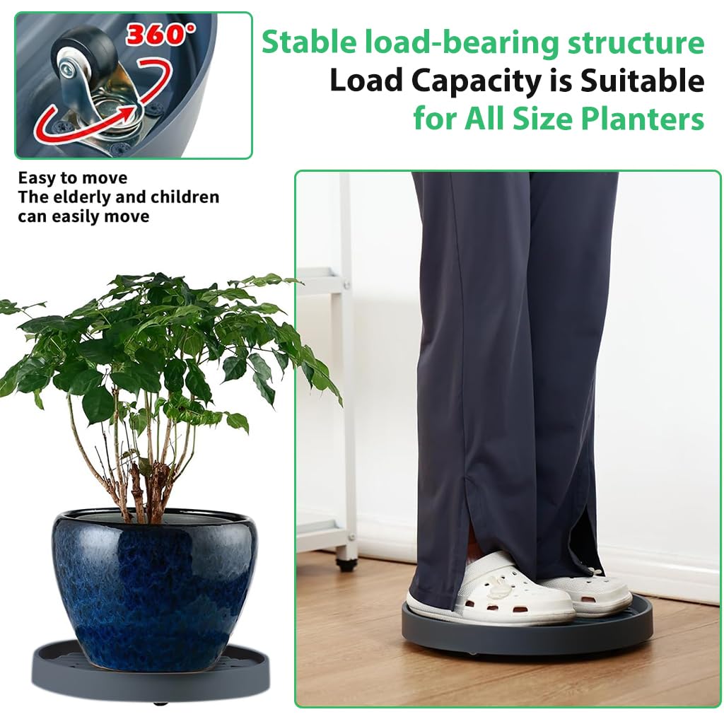 HASTHIP Round Plant Caddy with Wheels for Indoor and Outdoor Pots featuring 4 Hidden Locking Wheels and 28 cm Grooved Plastic Surface