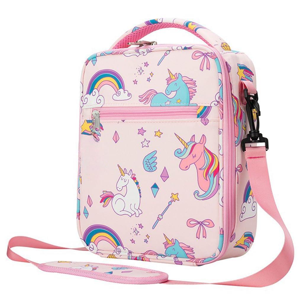 Lunch Box for Kids Girls Insulated Lunch Bag, Pocket Pink Unicorn Print Thermal Lunch Tote Bag with Shoulder Strap for School Thermal Meal Small Lunch Tote Toddler Rainbow Lunchbox