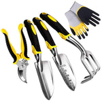 5Pcs Gardening Tools for Garden Home Patio, Heavy Duty Aluminum Tools Set with Gardening Transplanting Spade, Cultivator, Pruner, Trowel and Gardening Gloves, Durable Gardening Accessories