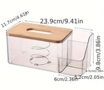 HASTHIP® Tissue Paper Dispenser Box, 2 in 1 Clear Desk Tissue Paper Dipenser Case with Wooden Lid Desk Organizer Remote Holder, 30.5x11.7x9.8cm