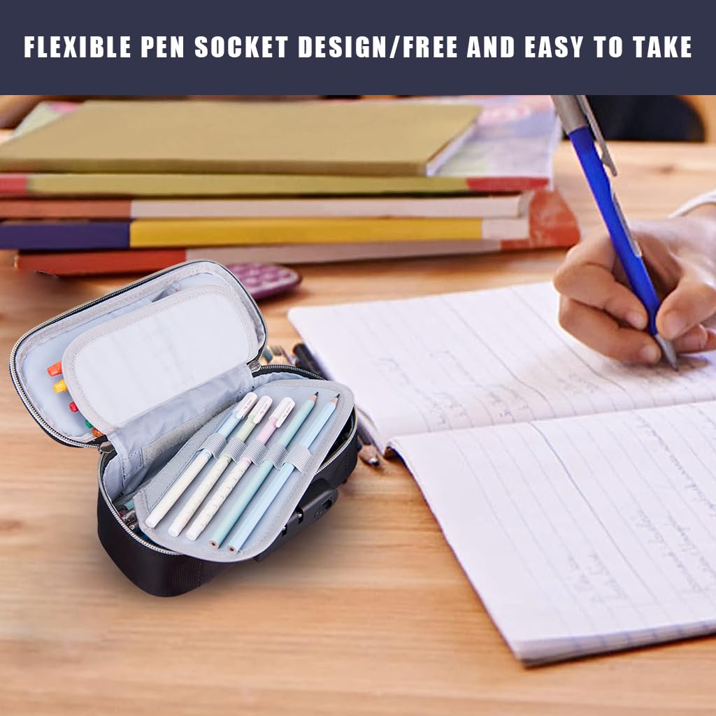 HASTHIP Large Capacity Pencil Case for School with 4 Layer Compartments and Combination Lock | Waterproof Blue Storage Box for Boys and Girls