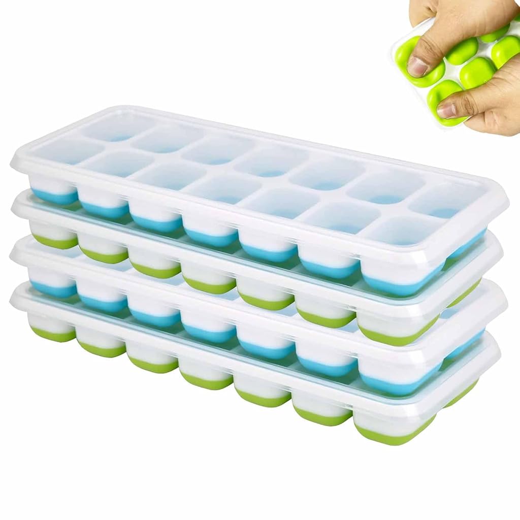 HASTHIP® Ice Cube Trays Silicone Set of 2 with Lid,Large Square & Round Ice Cube Molds,BPA-Free Easy Release Stackable Flexible Maker for Whiskey Cocktails Drinks Freezer Safe