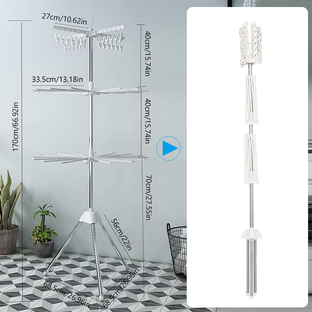 HASTHIP Cloth Stand for Drying Clothes with 3 Tier Foldable Rack and 24 Clips | White 68.5x68.5x170 cm