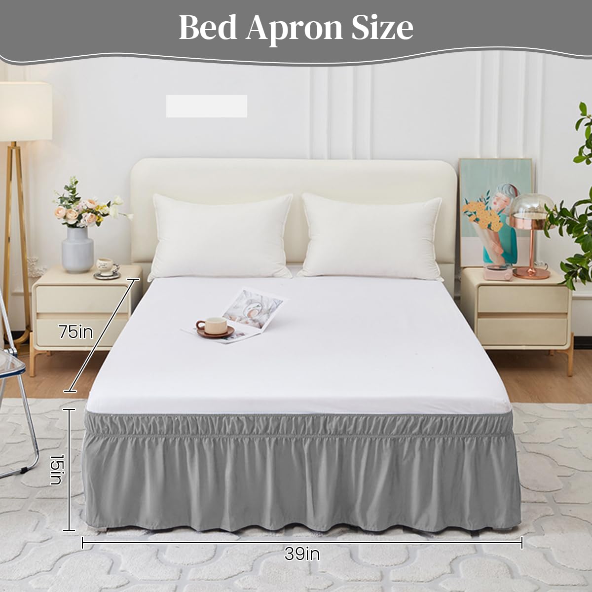 HASTHIP Bed Skirt for Single Bed 75x39 Inches with 15 Inch Drop and Pleated Ruffled Design | Grey Polyester Cotton Dust Cover