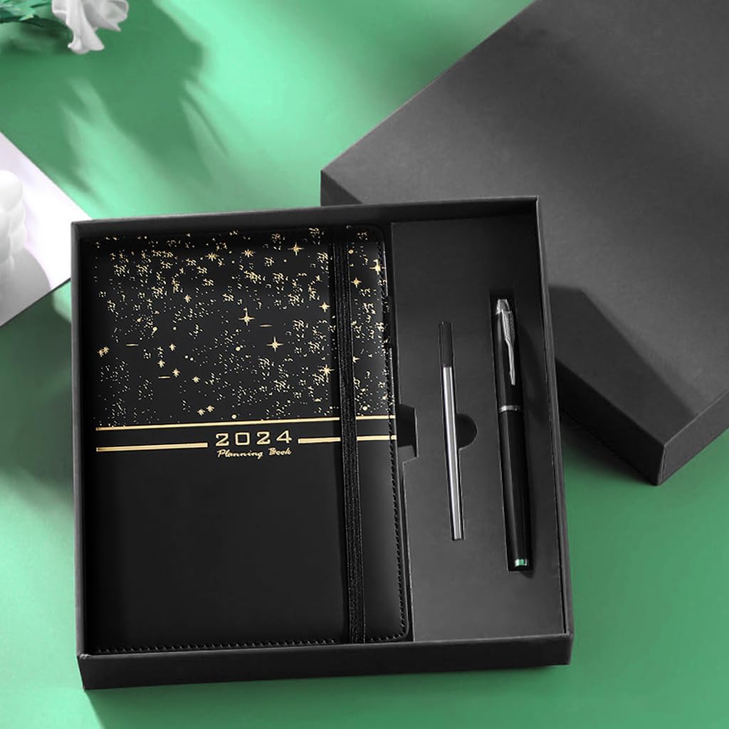 HASTHIP® 2024 Daily Planner, A5 Daily Diary, PU Leather Cover, Pen, Refill & Gift Box, Yearly, Monthly, Daily Planner Diary, Star Golden Embossing Cover Design Daily Planner, Gift for Kids Students